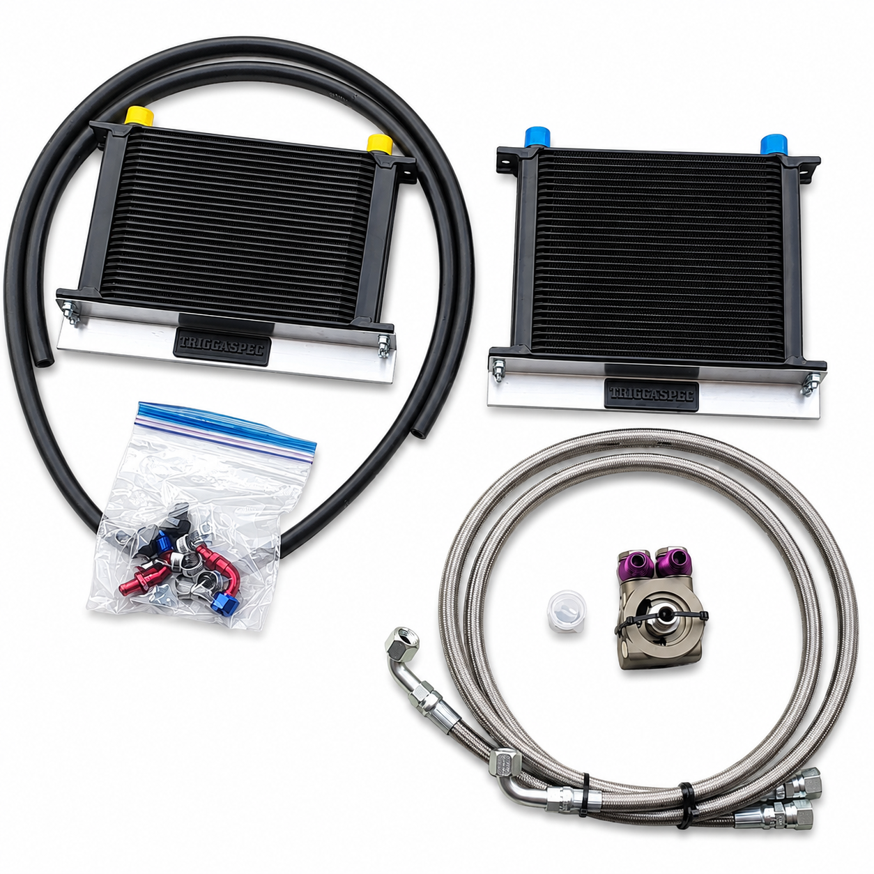 Oil cooler kit with hoses and connectors on a white background