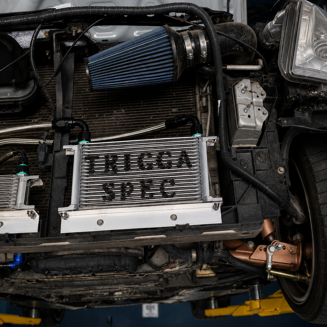Car engine with 'TRIGGA SPEC' oil cooler in a garage setting